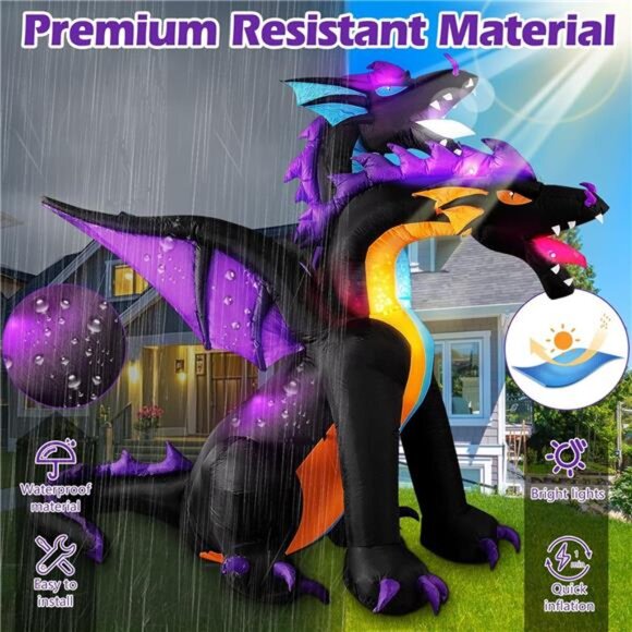 Halloween Inflatable 7 FT Tall Giant 2 Headed Dragon Built-in Flashing LEDs - Picture 5 of 5